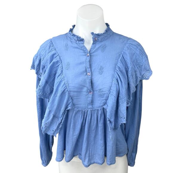Zara Blue Eyelet Embroidered Ruffle Frill Peplum Long Sleeve Blouse Shirt Top M - Picture 1 of 5